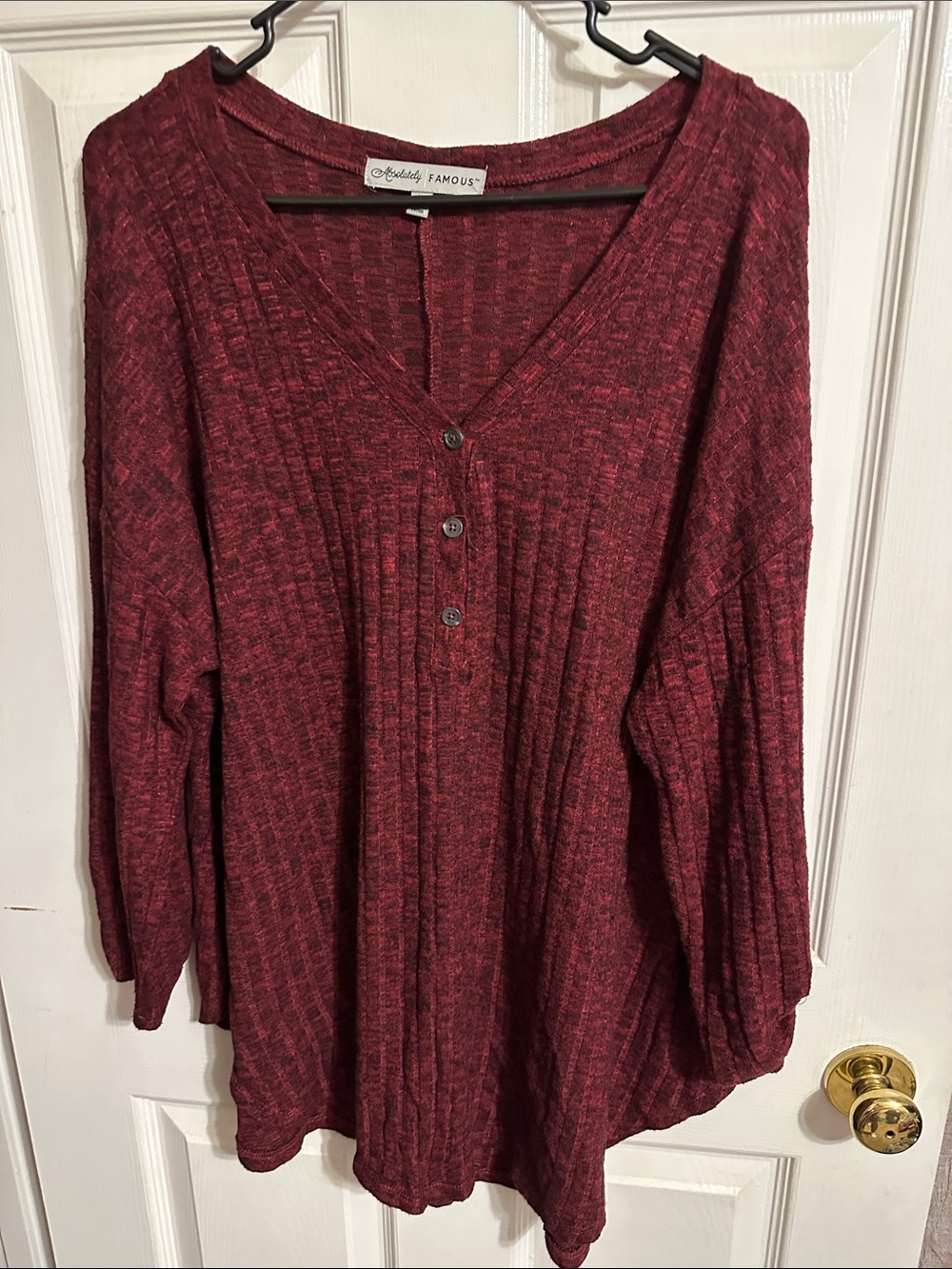 Absolutely Famous Maroon Ribbed V-Neck Henley Top